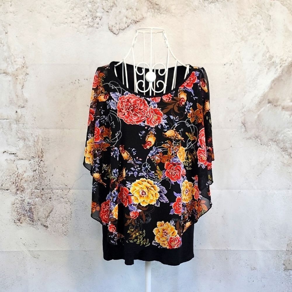 Lavender Sky Floral Black Women's Top Size XL